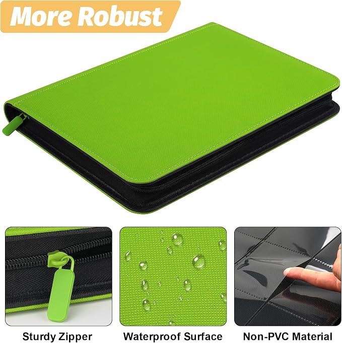 360 Cards Ringless 9-Pocket Side Loading Trading Card Binder, PU Zipper Fixed Page Card Album for TCG Sports Cards, Not Fit Top Loaders (Grass Green)