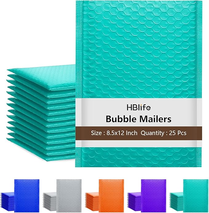 HBlife 25Pcs Bubble Mailers, 8.5x12 Inches Self Seal Teal Poly Mailers, Padded Envelopes Shipping Bags Packaging for Small Business
