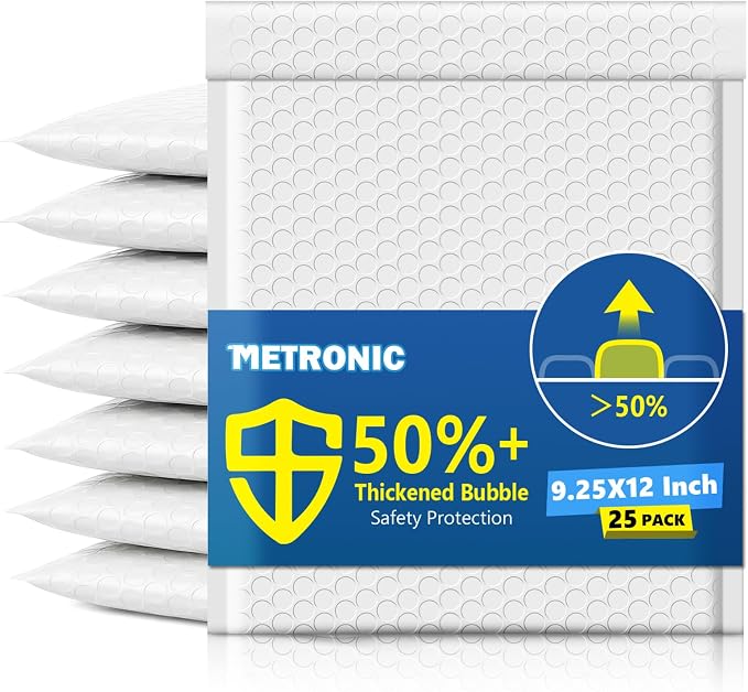 Metronic Bubble Mailers True 8.5x11" Usable Size Padded Envelopes 25 Pack | 50% Thicker 1/7" Bubble 8.5x12" Self Seal Water-resistant bubble envelopes for Books,DVD,Magazine& Small Business,#2,White