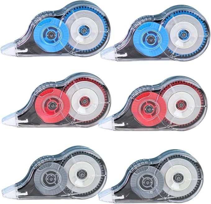 39.37ft Correction Tape with Dispenser, 6-Count Pack, Fast, Clean, Opaque and Easy-to-Use Tear-Resistant Correction Tape Bulk Office School Supplies, Blue, Red, Gray