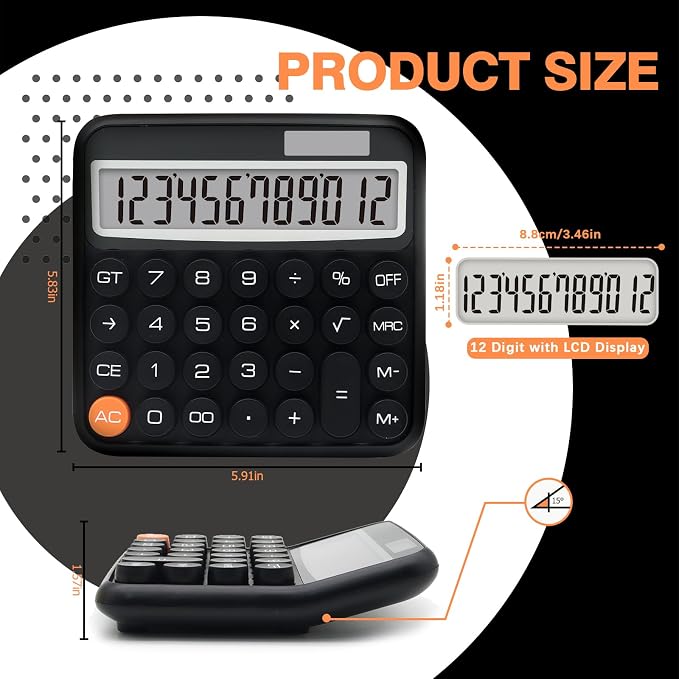 Black Calculator, Big Button Calculator with Large LCD Display | Black Calculators Desktop for Offices, Solar Calculator Powered by two Modes
