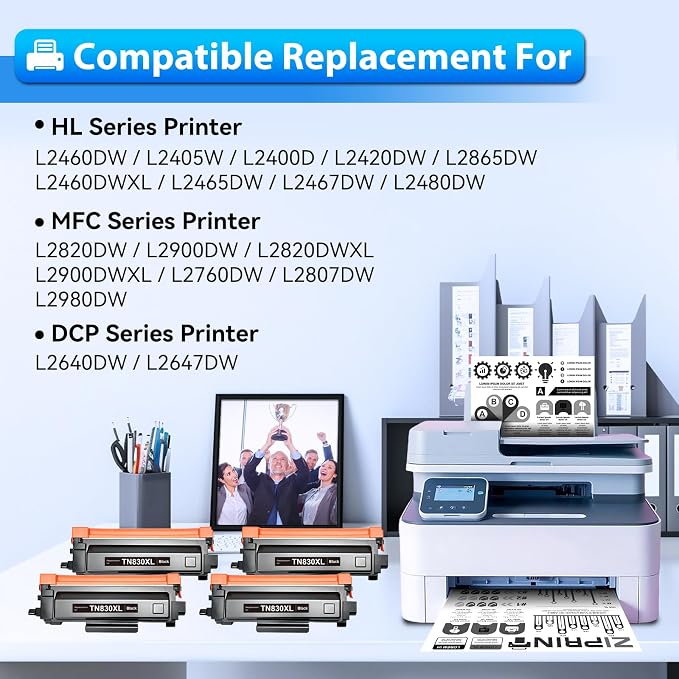 TN830XL Toner Compatible with Brother TN830 HL-L2460DW HL-l2405W, 4-Pack | Black Toner, 3000 Pages Each, Built-in Stable Chip, Fits MFC-L2900DW, TN830XL V R, Crisp Dark Prints for Home Office Printing