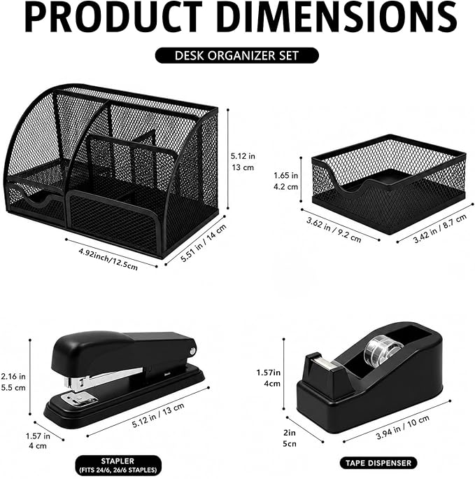 Black Office Supplies Set, Office Desk Accessories with Desk Organizer, Tape Dispenser, Stapler, Clips, Ruler, Scissors, Pen, Tape, Sticky Notes, Desktop Organizer for Back to School Supplies