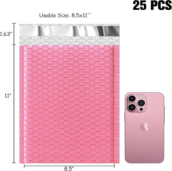 JinRuiKJ Bubble Mailers 8.5x12" 25 Pack, Padded Envelopes, Strong Adhesion Padded Mailers, Cushioning Padded Shipping Envelopes for Jewelry, Makeup - Pink