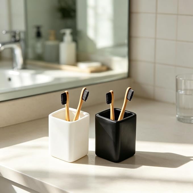 Square Ceramics Desk Pencil Holder for Men and Woman, Suitable for Offices and Homes(Black)