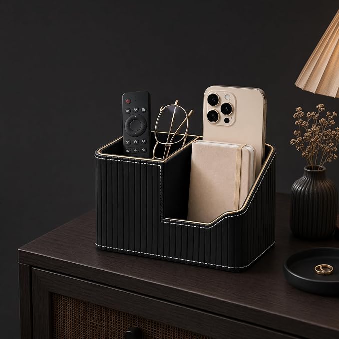 Luxury Black PU Leather Desk Organizer with Gold Trim, Premium Pen Holder for Desk Accessories, Modern Office Supplies Organizer for Home Office Desk Decor