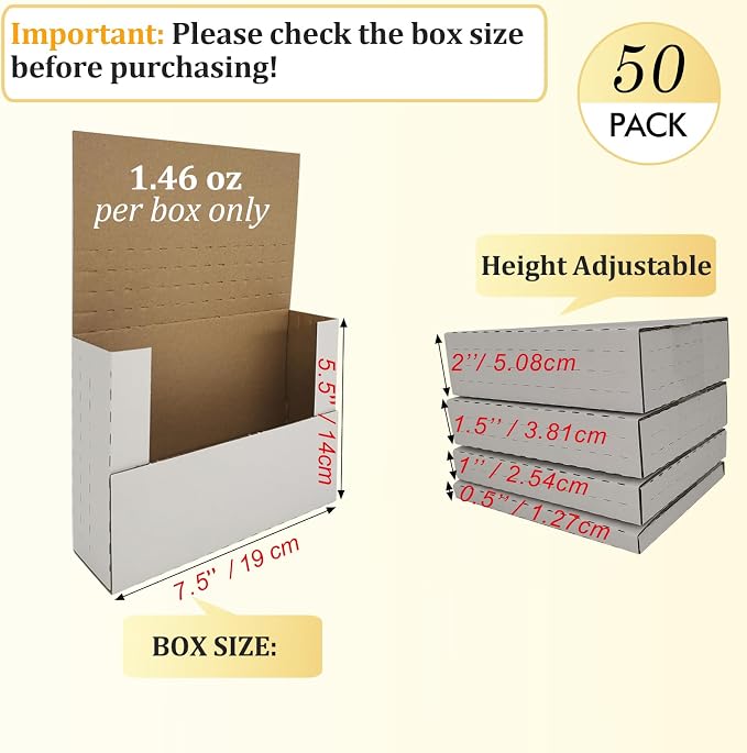 50 Pack DVD Shipping Box Mailers 7.5×5.5×2" Height Adjustable for Games CDs | SZYANGDA Sturdy Corrugated Easy-Fold Mailers for DVDs, Video Games & CD Cases, Adjustable Depth, White