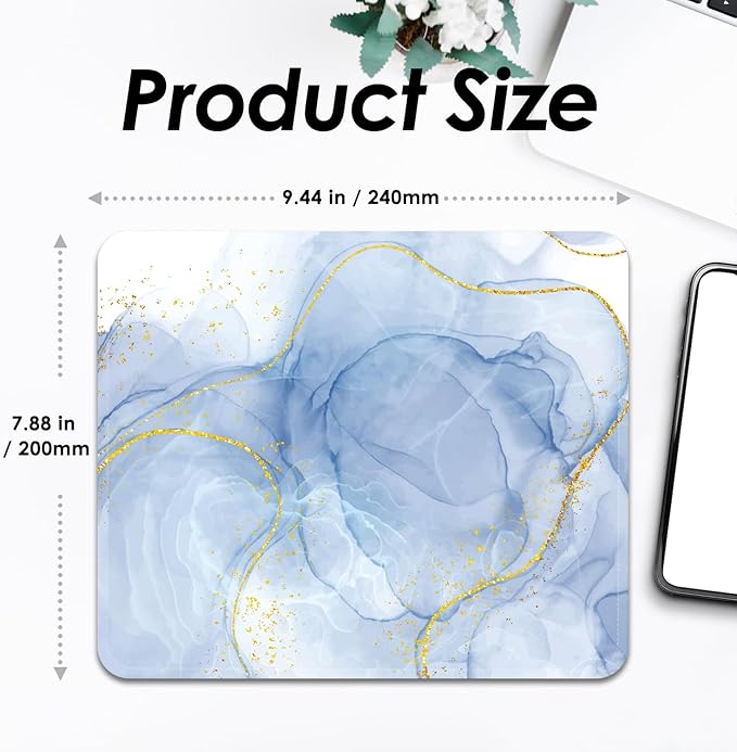 Mouse Pad with Stitched Edges - Elegant Marble Mousepad for Women, 9.25 x 7.75 inch Washable Square Desk Pad, Non-Slip Rubber Base, Office Home Laptop Accessories - Blue Marble