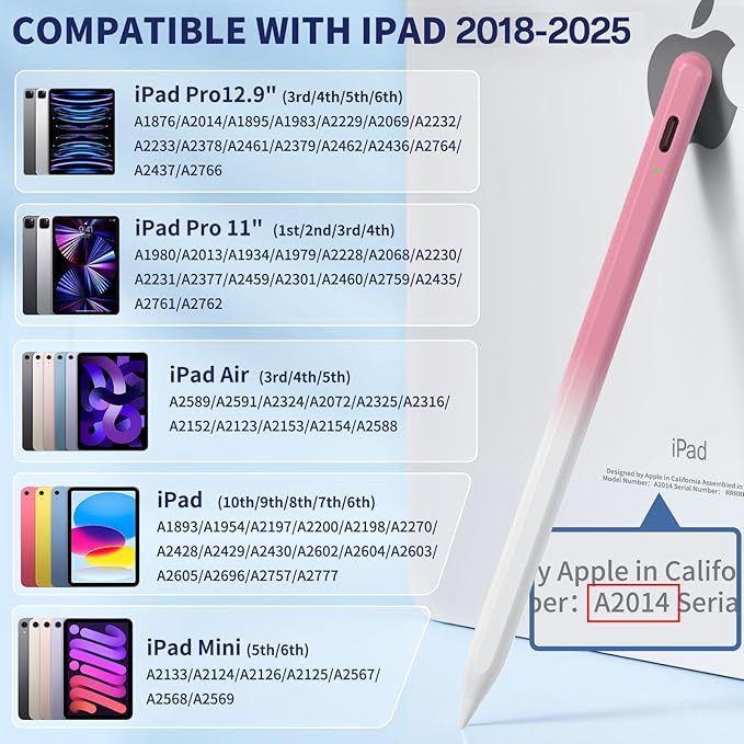 iPad Pencil for 9th & 10th Generation, Fast Charge Stylus Pen for Palm Rejection and Tilt Sensitivity, Compatible with iPad Pro 11/12.9in, Mini 5/6, iPad 6/7/8/9/10, Air 3/4/5 (W/PK)