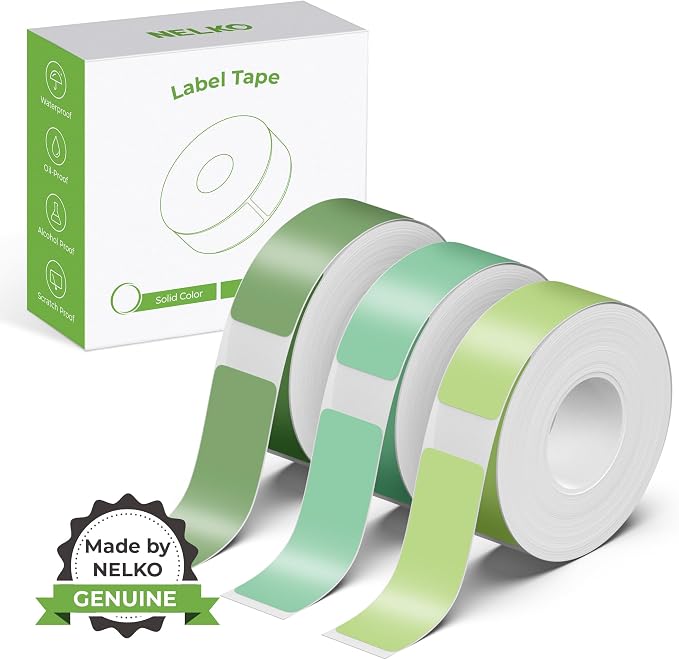 NELKO Genuine P21 Label Maker Tape, 14x40mm-3-Roll, Green Series | Easy to Peel, BPA-Free, Strong Adhesion, Water-Resistant & Oil-Proof, Great for School, Office, Home, Kitchen, Black on White