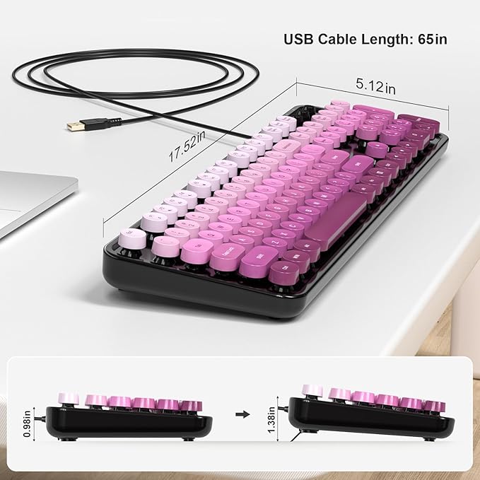 Computer Keyboard Wired, Plug and Play USB Retro Round Typewriter Keyboard, Full Size Wired Keyboard with Foldable Stands for Laptop and Office PC