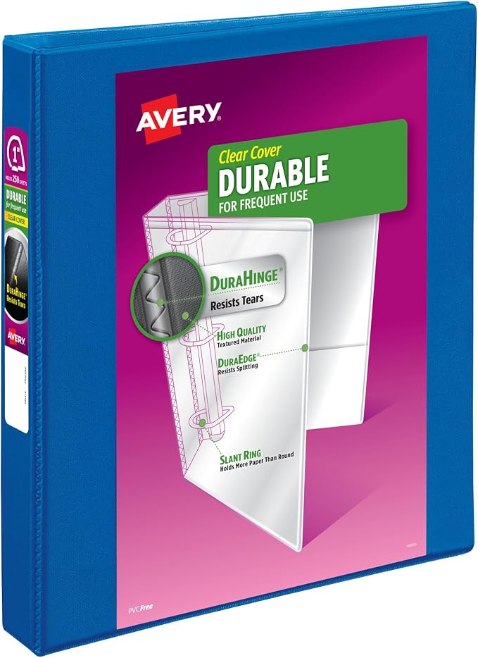 Avery Durable View 3 Ring Binder, 1 Inch Slant Rings, 250-Sheet Capacity, DuraHinge, 1.4 Inch Wide Spine, Customizable Clear Covers and Spine, 1 Dark Blue Binder (17014)
