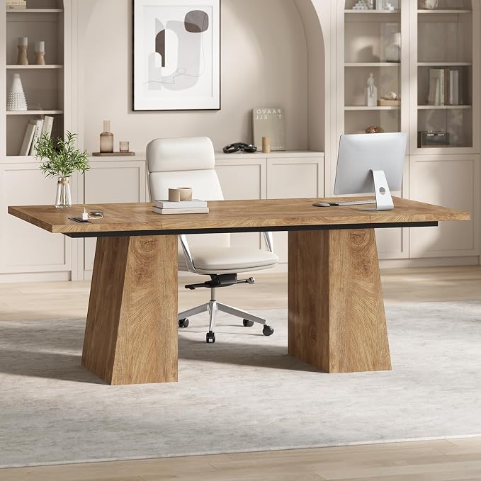 63 in Executive Desk with Power Outlets, Modern Home Office Desk with Storage Cabinet, Wood Computer Desk Business Workstation Desk Conference Table (Oak)