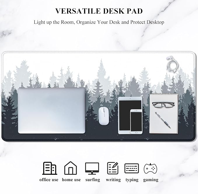 Auhoahsil Desk Mouse Pad, Oversized Forest Desk Mat 35.4 x 15.7 Inch, Extended Long Gaming Mousepad Non-Slip Rubber Base Stitched Edges XXL Ultra Large Thin Full Desk Pad for PC Laptop Gaming Work