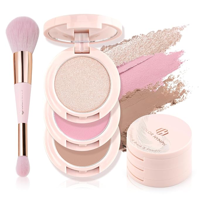 Color Nymph Blush and Highlighter Palette, 3 in 1 Contour Palette | Travel Size Makeup Kit, Long-Lasting, Lightweight & Buildable Powder for Natural Radiant Finish, Includes Brush & Mirror