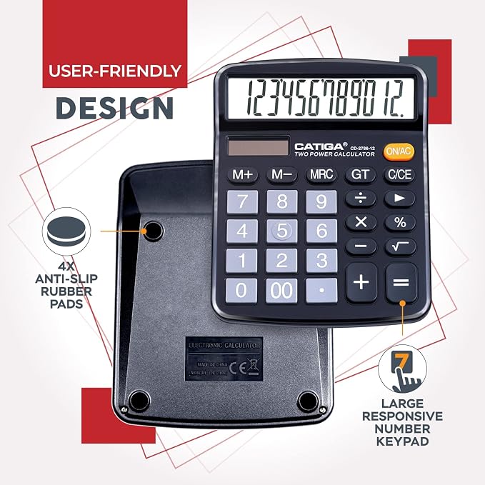 CATIGA Desktop Calculator, 12 Digit Large LCD Display, Dual Power, Sensitive Big Button, Standard Function Calculators for Office, School and Business, CD-2786 2 Pack, 2 Blacks