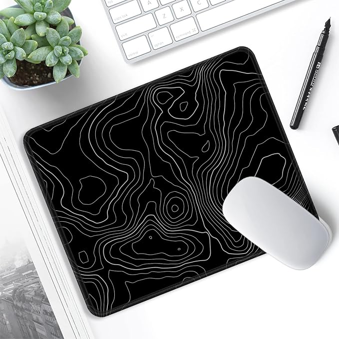 ITNRSIIET Mouse Pad with Stitched Edge Premium Textured Smooth Precise Operation Waterproof Washable Non-Slip Rubber Base Desktop Protection Mat, 10.2×8.3×0.12 inches, Topographic Contour Black