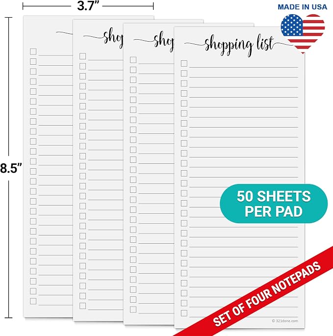 321Done Grocery List Notepad, Skinny 3.7x8.5 Inches, 4-Pack, 50 Sheets Each | Made in USA - Slim Shopping List Pads for Kitchen Planning, Meal Prep and Errands, Thick Bright White Paper, Tear-Off Sheets