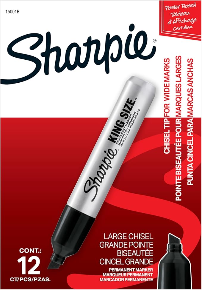 Sharpie King Size Permanent Markers, Chisel Tip, Black, 12 Count - Thick Poster Markers, Heavy Duty For Work & Industrial Use, High Capacity Ink Supply, For Paper, Metal, Plastic, And More
