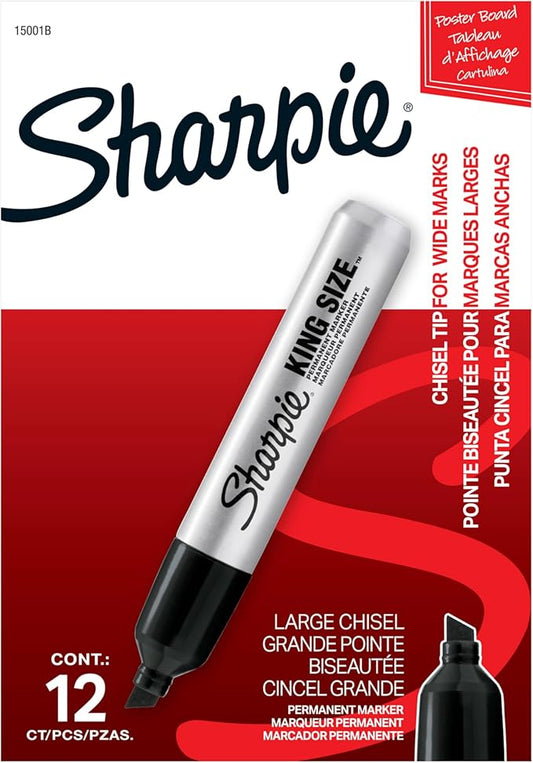 Sharpie King Size Permanent Markers, Chisel Tip, Black, 12 Count - Thick Poster Markers, Heavy Duty For Work & Industrial Use, High Capacity Ink Supply, For Paper, Metal, Plastic, And More