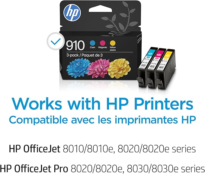 HP 910 Cyan, Magenta, Yellow Ink Cartridges (3-Pack) | Works with OfficeJet 8010, 8020 Series, OfficeJet Pro 8020, 8030 Series | Eligible for Instant Ink | 3YN97AN
