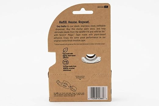 Scotch Stainless Steel Refillable Dispenser and 2 Rolls of Scotch Magic Tape with 66% Plant Based Adhesive, 0.75 in. x 550 in, Invisible Tape, Office Supplies and School Supplies