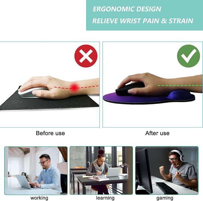 Mouse Pad with Wrist Support, Ergonomic Mouse Pad with Memory Foam Wrist Rest Cushion, Non-Slip Rubber Base Gaming Mice Pad for Home Office Computer Laptop, Purple Marble
