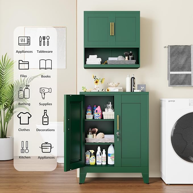 GAIOUS 36" Tall Metal Storage Cabinet with Lock, File Cabinet with 2 Doors and 2 Adjustable Shelves, Green Bathroom Floor Storage Cabinets, Freestanding Small Locked Cabinets for Home/Office/Garage