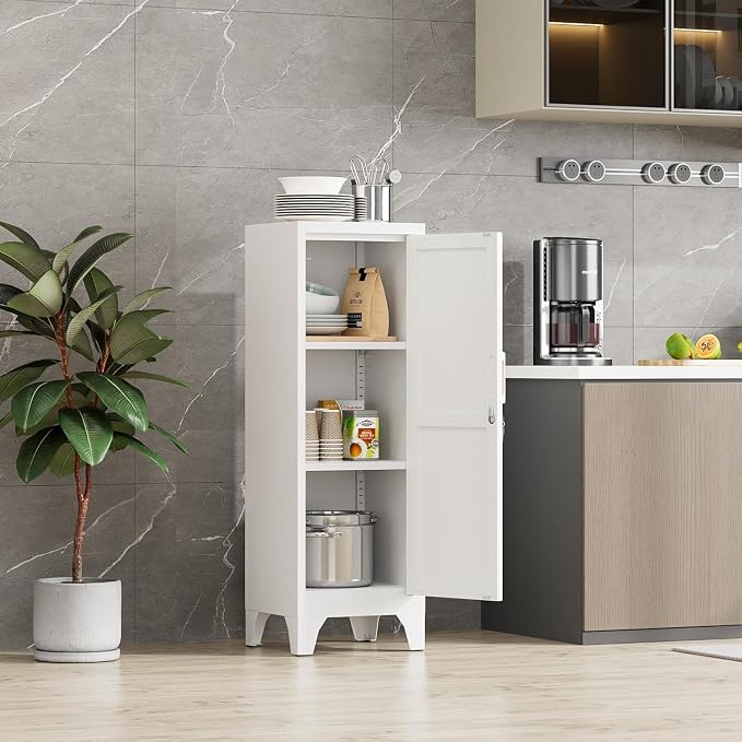 46"H White Metal Locker with 1 Lockable Door and 2 Adjustable Shelves For Employees,3 Tier Small Storage Cabinet with Detachable Legs and Vintage Handle for Kitchen, Office,School,Gym,Easy Assembly