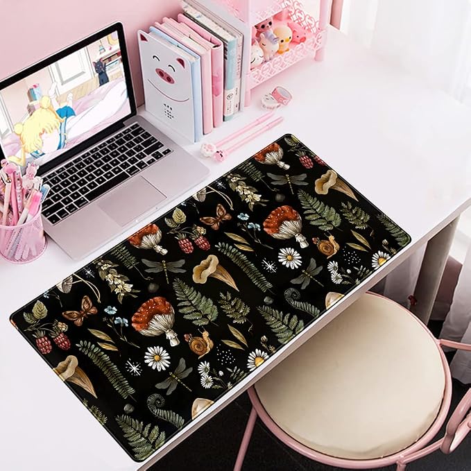 Black Mouse Pad Cottage Core Aesthetic Mouse Pads Mushroom Desk Pad Vintage Mouse Pad Forest Magic Nature Large Desk Pad Ergonomic Mouse Pads with Stitched Edges Non-Slip Computer Mat 31.5x15.7 in