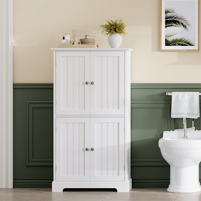 ChooChoo Bathroom Floor Cabinet with Adjustable Shelves | Bathroom Storage Cabinet, 4 Doors, Freestanding Cupboard for Living Room, Kitchen Pantry, White