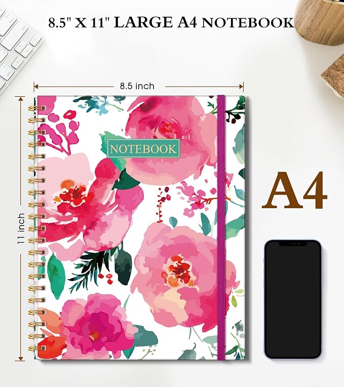 Spiral Notebook Journal 8.5” x 11”, A4 Large Notebooks for Women Men, College Ruled Lined Journal, 100 GSM Paper, Hardcover Spiral Bound Journals for Work School Note Taking, Watercolor Blooms