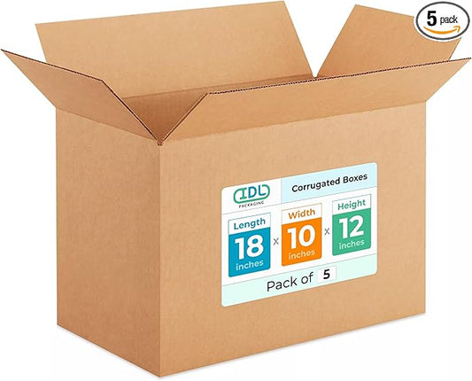 Medium Shipping & Moving Boxes 18 x 10 x 12 inches (5-Pack) - Extra Strength 200 lb vs Regular - USA-Made Corrugated Medium Moving Boxes - Box for Moving for USPS, UPS, FedEx by IDL Packaging