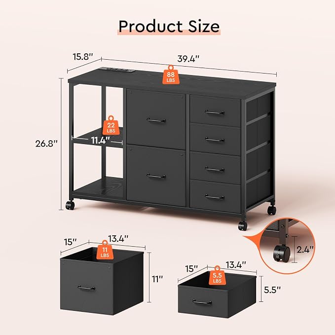 6 Drawer File Cabinet with Charging Station and Open Storage Shelf, Black
