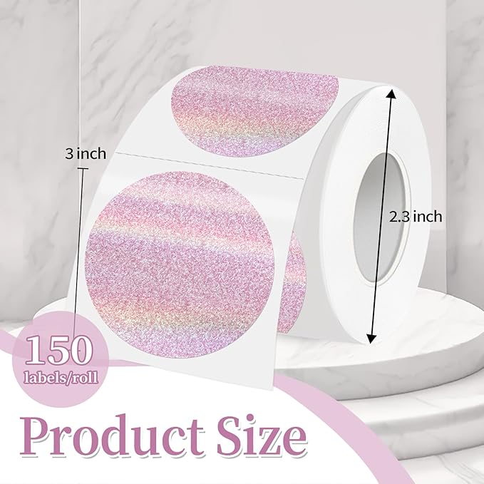 3 Inch Holographic Thermal Labels,Round Thermal Printer Labels,Waterproof Thermal Printer Stickers for DIY Logo Design,Name Tag,QR Code,Thanks Card 150 Labels/Roll (Pink dots)