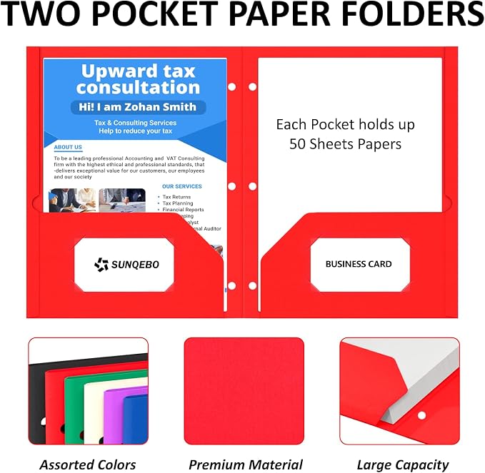 2 Pocket Folders with 3 Hole Punch, 6 Pack, Fit 3 Ring Binder, 10 Labels | Heavy Duty Paper Folders with Pockets, Aesthetic Colored File Folders, for Office Business School, for Letter Size Paper