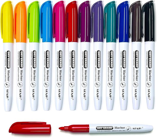SFAIH Dry Erase Markers Fine Tip 12 Colors, 12 Pack (1 Dozen) - Low Odor Whiteboard Markers Set for Kids Art, Home Office, Calendar Planning | 5 Sizes: 12/24/48/72/144 Packs Available