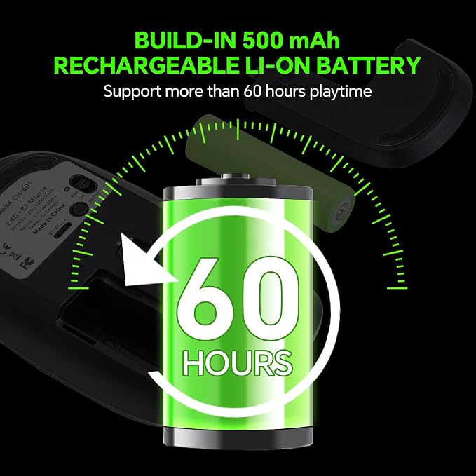 Wireless LED Mouse Rechargeable 2.4GHz/Bluetooth Multi Connect Method Silent Slim with Big Exchangeable Battery 1600DPi USB compatible with Mac Windows for PC laptop office with C-adapter cord manual