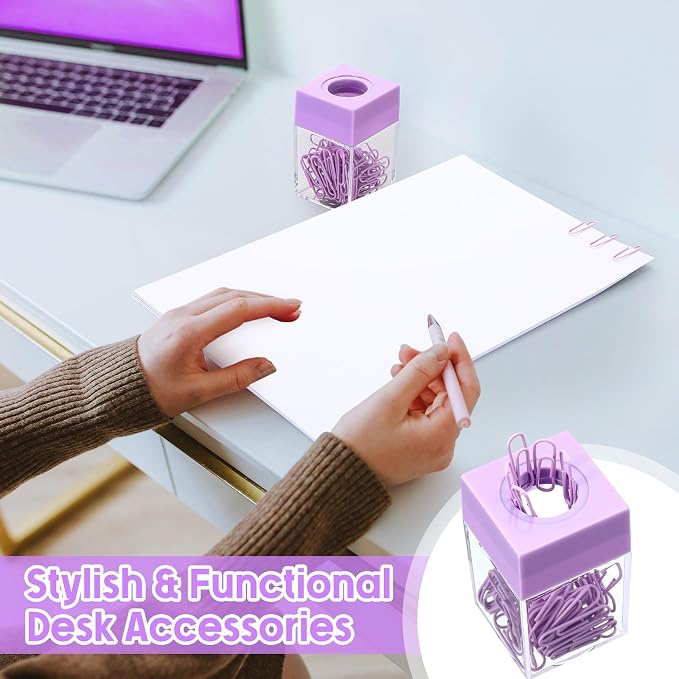 Outus 4 Pieces Magnetic Paper Clip Dispenser Holder for Desk,Purple | Magnetic Paperclip Holder Dispenser Desktop Organizer for Clips Pins Office School Desk Storage