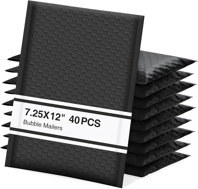 UCGOU Bubble Mailers 7.25x12" 40 Pack Usable Size 7.25x11" Black Bubble Bag | Waterproof Self Seal Adhesive Medium Padded Envelopes for Small Business Bulk Bubble Wrap Mailers for Mailing Jewelry Makeup