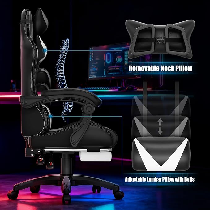 Gaming Chair, RGB LED Lights Computer Chair with Footrest, Lumbar Support Massager Gamer Chair, High Back, 90-135° Reclining, Linkage Armrests, White