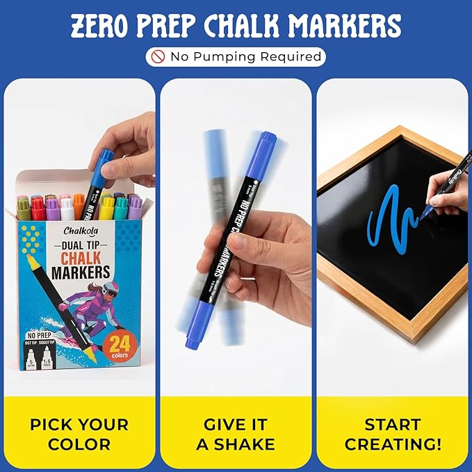 Chalkola Dual Tip Chalk Markers for Blackboard - (24 Colors, Dot + Brush Tip, No Pumping) | Erasable Liquid Chalk Markers for Chalkboard, Glass, Car Window, Mirror - Washable Water Based Ink Pen