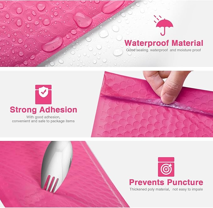 Metronic Bubble Mailers 4x8 Inch 100 Pack Pink Bubble Mailer Usable Size 4x7" Waterproof Padded Envelopes for Gift Packaging, Jewellery, Keychains, Small Items
