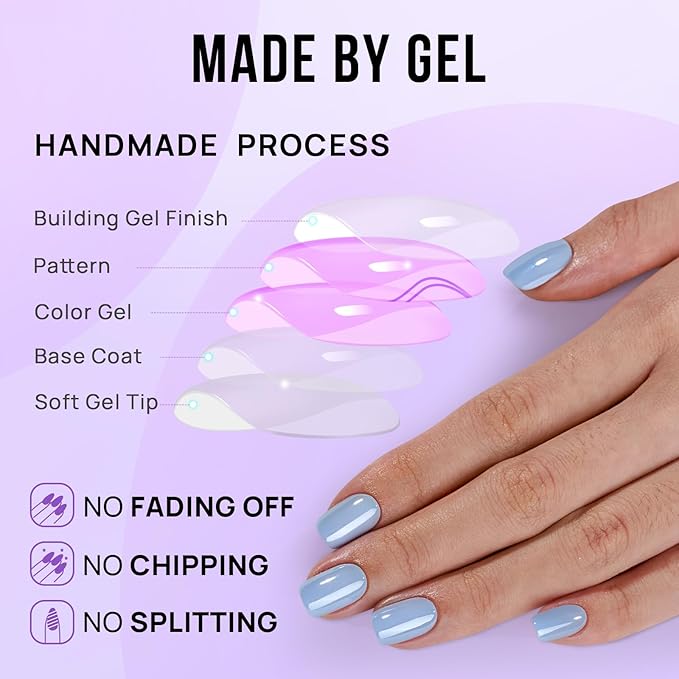 BTArtbox Press On Nails Short - Square Press On Nail, Blue Glossy Nail Tips Glue On Nails with Nail Glue, Reusable Stick On Nails in 16 Sizes - 32 Soft Gel Fake Nails Kit, Ocean Glazed