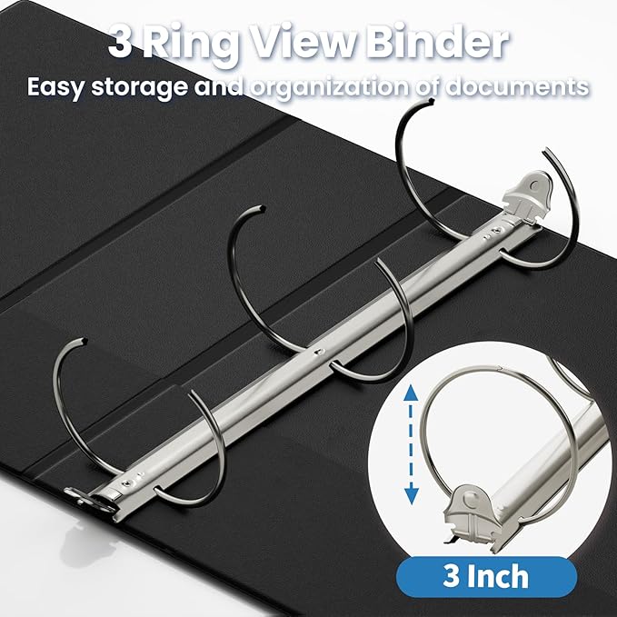 SUNEE 3 Inch Binders 3 Ring 4 Pack, PVC-Free Clear View Large Binders 3" (Fits 8.5x11 Inches) for School, Office & Home Use, Black