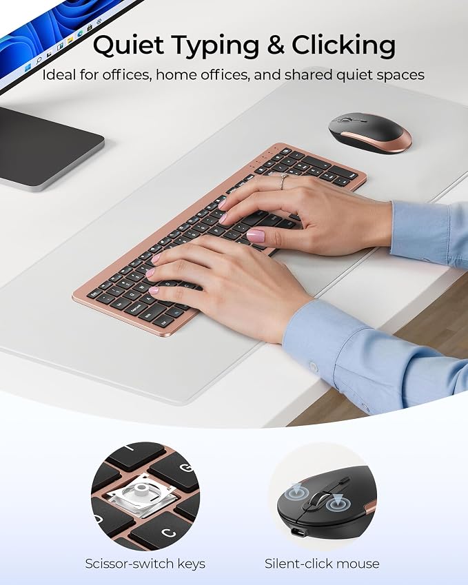 seenda Rechargeable Wireless Keyboard and Mouse Combo, Rose Gold & Black | Quiet, slim full-size keyboard with numpad, 2.4GHz USB receiver, USB-C charging, 3-level DPI mouse for Windows PCs/laptops
