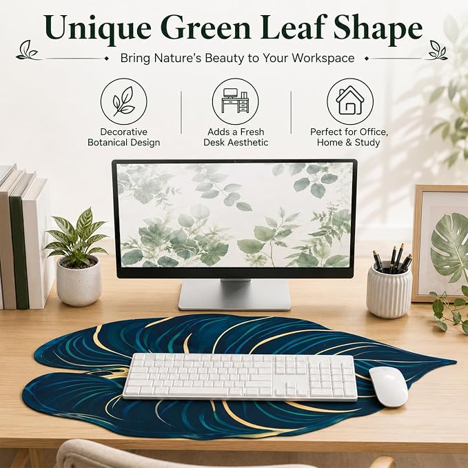 Large 3D Green Leaf Desk Mat Green Palm Tropical Keyboard Mouse Non Slip | Botanical Mouse Big Pad, Non-slip Base Mousepad Decorative Keyboard Mat, Desk Protector Office Home, 35.43 x 15.75 Inch