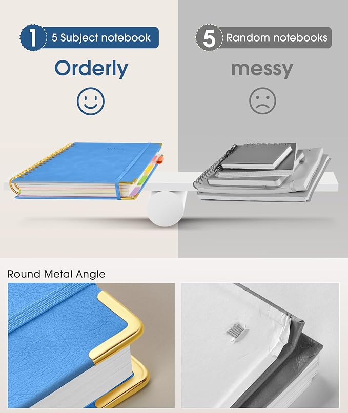 Hardcover Spiral Notebook Journal with Removable Dividers Tabs, 300 Pages Leather 5 Subject Notebook College Ruled, 8"x10" Large B5 Notebooks for Work School, Lined Journal for Women, Light Blue