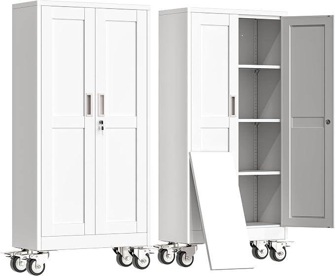 erosoei 61" H Metal Garage Storage Cabinet, Rolling Tool Cabinet with 2 Doors and Wheels, Locker Steel Cabinet with 3 Adjustable Shelves, Organization Cabinet for Garage,Office,Home,Gym,School（White）
