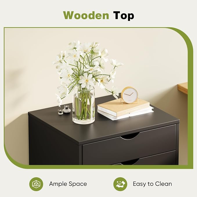 Sweetcrispy 7 Drawer Wooden Dresser, Storage Cabinets, Room Organization | Mobile Rolling Wheels, Vertical Organizer Chest, Home Office Bedroom Furniture, Black Wood